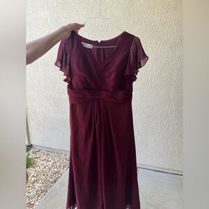 JJs House Burgundy Red Ruched Wrap Midi Dress